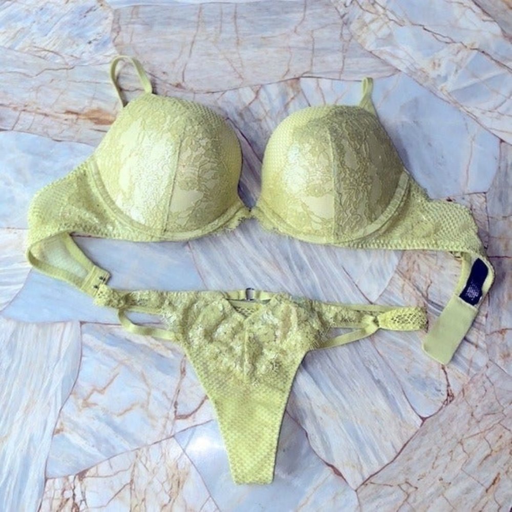 2 Piece Set VERY SEXY Fishnet Push-Up Bra 32B + XS‎ Thong Yellow
